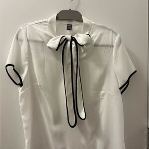 SHEIN White Tie-Front Short Sleeve Blouse Top with Black Accents
